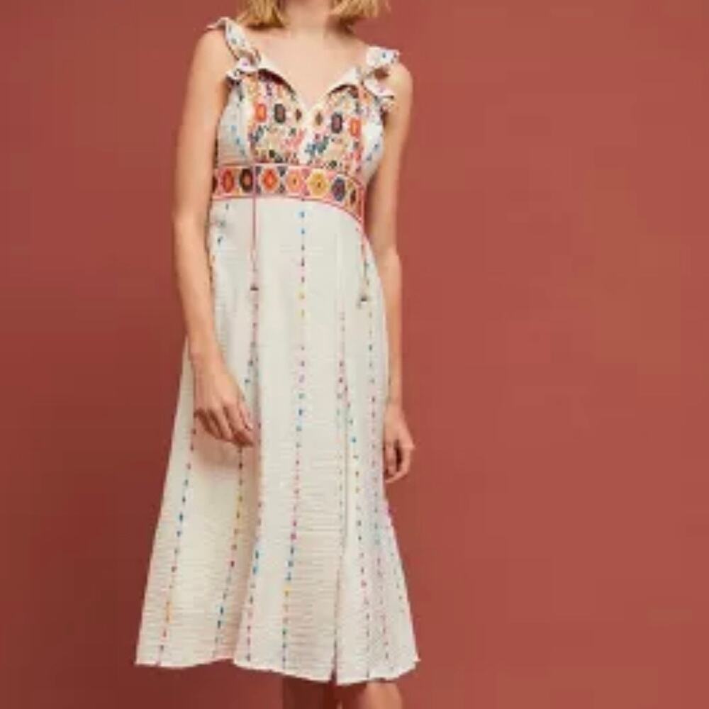 Altar'd State Women's Ruffled Crinkle Llama Embroidered Midi Dress Size S Cream